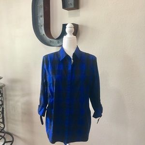 Royal Blue & Black Houndstooth Button Down Blouse